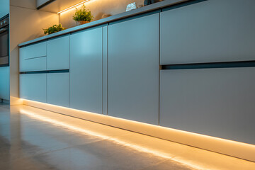 Modern kitchen cabinets with subtle warm led underlighting creating a cozy and inviting ambiance