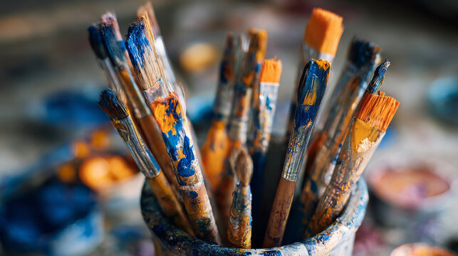 close up on a pot of paint brushes with tube of orange and blue paint - Powered by Adobe