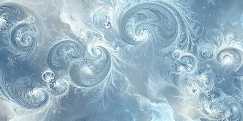 Naklejka premium A mesmerizing fractal image evokes the ethereal beauty of swirling ice crystals or frozen clouds. The artwork features intricate, swirling patterns in shades of pale blue,