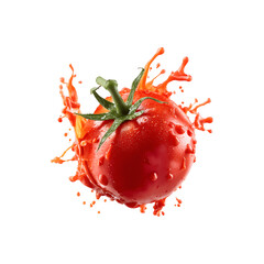Ripe tomato with vibrant splashes of juice bursting outward