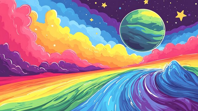 Colorful rainbow river fantasy landscape