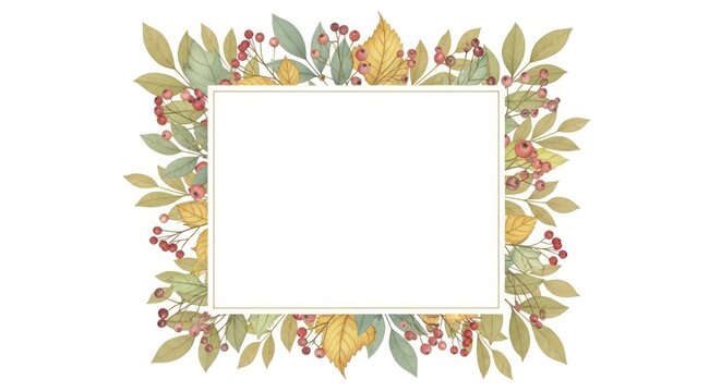 Watercolor illustration of a rectangular frame surrounded by autumn leaves and berries, creating a decorative border with a white space in the center.