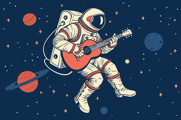 Astronaut strumming a guitar while gracefully floating in the vacuum of space.