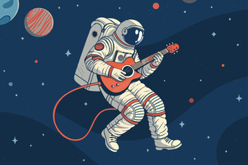 Astronaut jamming on a guitar, weightless in the cosmos.