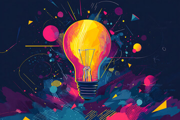 Vibrant light bulb illustration surrounded by colorful abstract shapes and patterns