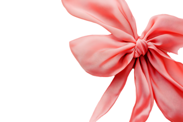 Coral pink fabric bow with vibrant tone on clean white 