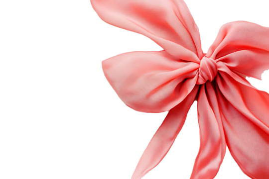 Coral pink fabric bow with vibrant tone on clean white 