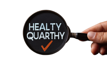 Magnifying glass focusing on "Healthy Quarthy" with a checkmark