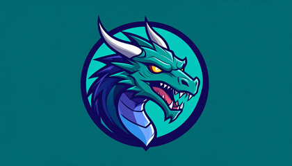 A detailed illustration of a green dragon head with sharp teeth and horns, set against a teal background.