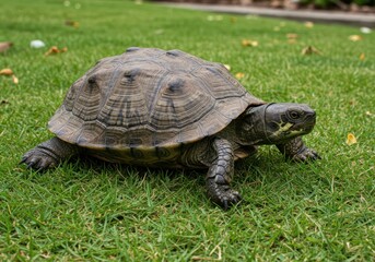 Fototapeta premium A Detailed View of a Green Turtle Walking Gracefully on Lush Green Grass