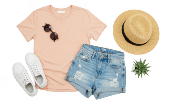 Summer outfit flat lay with peach t shirt denim shorts straw hat and sneakers isolated on transparent background