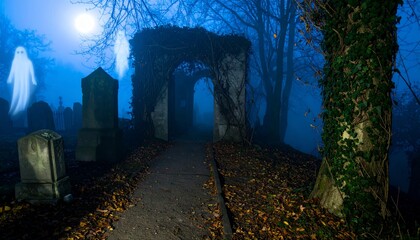 Obraz premium A moonlit cemetery with glowing tombstones, twisted vines, and ghostly apparitions