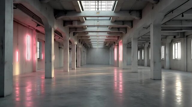 Spacious industrial interior with modern lighting, showcasing empty concrete floors and walls