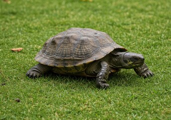 Fototapeta premium A Majestic Terrapin Turtle Slowly Strides Across a Lush Green Grassy Lawn in this Beautiful Nature Scene