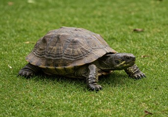 Fototapeta premium A charming pond turtle with a patterned shell makes its way across a lush, bright green grassy field during the day.