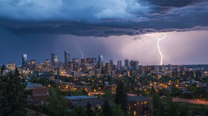 Obraz premium A dramatic nighttime cityscape is illuminated by a powerful thunderstorm. Dark, ominous clouds dominate the sky, with a prominent bolt of lightning striking near the center of the frame