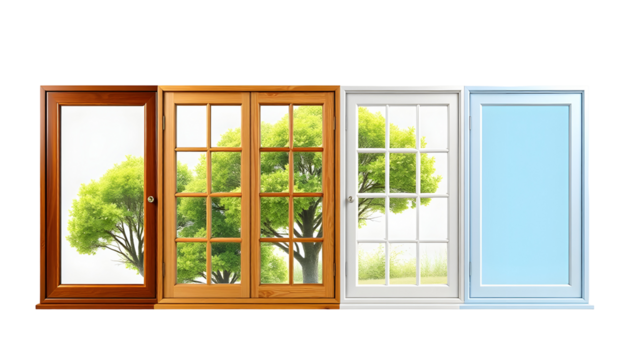 Four windows with different frames and views of nature