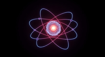 Glowing Atom Model with Electron Orbits on Dark Background