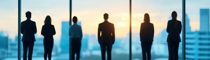 Diverse group of six business professionals standing in a row overlooking a cityscape du sunset with silhouetted figures emphasizing teamwork and corporate success