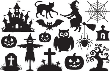 set of black silhouettes of halloween clip art background vector