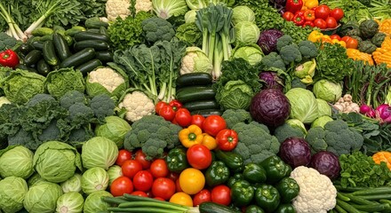 An abundance of fresh vegetables including cabbage broccoli tomatoes peppers and zucchini are displayed