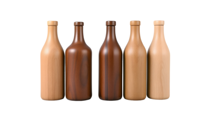 Row of wooden bottles against a transparent background