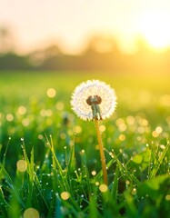 Dew-kissed dandelion in a grassy field at sunrise