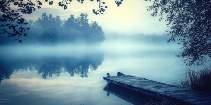 A serene dock extends into a misty lake at dawn. The water is calm and reflects the soft, blue-toned sky and surrounding trees. The dock is weathered and rustic, with wooden planks and railings.