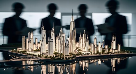 Architects review detailed architectural model of a futuristic city skyline.
