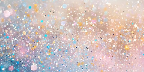 A vibrant, abstract image featuring a swirling blend of iridescent glitter and shimmering particles in shades of pink, blue, gold, and white. 