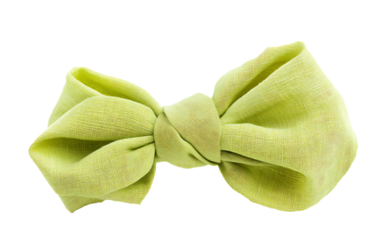Lime green fabric bow with playful twist, isolated on white 