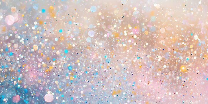 A vibrant, abstract image featuring a swirling blend of iridescent glitter and shimmering particles in shades of pink, blue, gold, and white. 