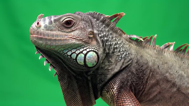 Green Iguana Close-up Portrait on Vibrant Green Background