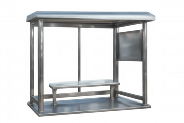 Metal bus shelter featuring vacant billboard, minimalist bench against transparent backdrop