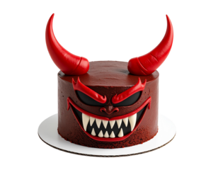 A red devil cake with horns and a menacing grin, a great and spooky dessert for Halloween or themed parties.
