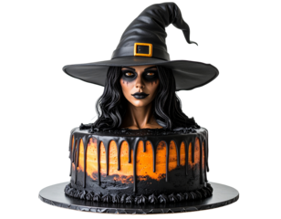A magical witch cake with a tall hat and a whimsical, spooky design, great for Halloween or fantasy parties.