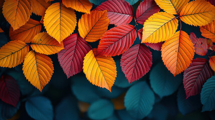 Fototapeta premium A vibrant tapestry of crimson, gold, and russet leaves descends gracefully from a sky of pure blue, creating a captivating autumnal background for your design 