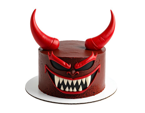 A red devil cake with horns and a menacing grin, a great and spooky dessert for Halloween or themed parties.