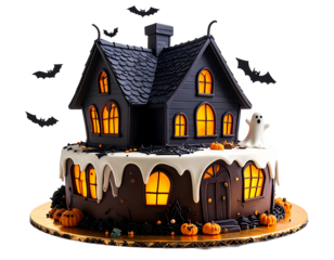 A detailed cake shaped like a haunted house with a mysterious and eerie atmosphere, ideal for Halloween.