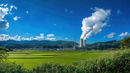 A large nuclear power plant sits on a hillside, emitting white steam plumes into a bright blue sky dotted with fluffy white clouds. T