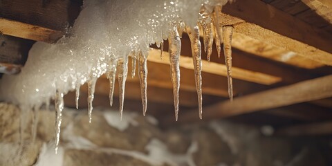 Burst pipe causes icicles to form in attic.