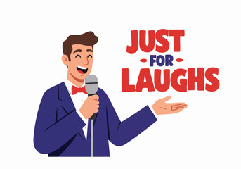 Naklejka premium Comedian with microphone and text Just for Laughs