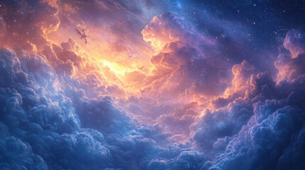 Fototapeta premium A vibrant tapestry of dreams, painted with swirling hues of blue and violet, unfolds against a canvas of abstract cloud formations that seem to writhe and dance in a symphony of imagination. 