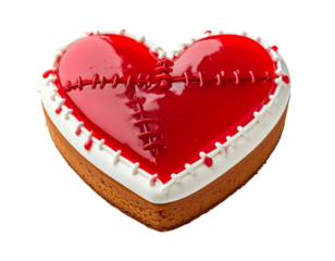 A heart-shaped cake with a cracked, red and white design, symbolizing a broken heart or a romantic theme.