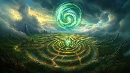 Mystical maze landscape with a glowing portal against a dramatic sky above