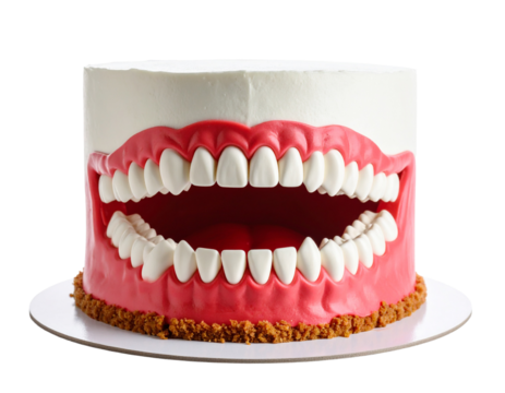 A cake shaped like a human mouth with detailed gums and teeth, a unique and realistic horror dessert.