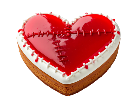 A heart-shaped cake with a cracked, red and white design, symbolizing a broken heart or a romantic theme.