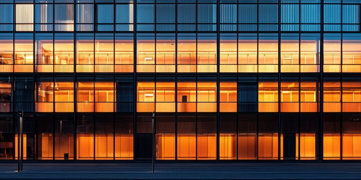 A modern office building glows warmly at night. The building features a long facade of large, rectangular windows, each illuminated with a soft, golden light. The exterior is dark,