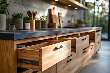 Modern wooden kitchen cabinets with open drawers.