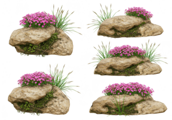 Group of rocks with pink flowers and green plants isolated on transparent background